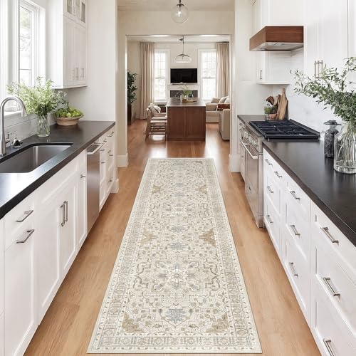 Madane Runner Rug 2x8, Washable Hallway Runner Rugs, Non-Slip Low-Pile Soft Kitchen Rug Runner Laundry Room Rug, Vintage Throw Entry Foyer Mat for Entrance Living Room (Beige/Blue, 2 x 8)