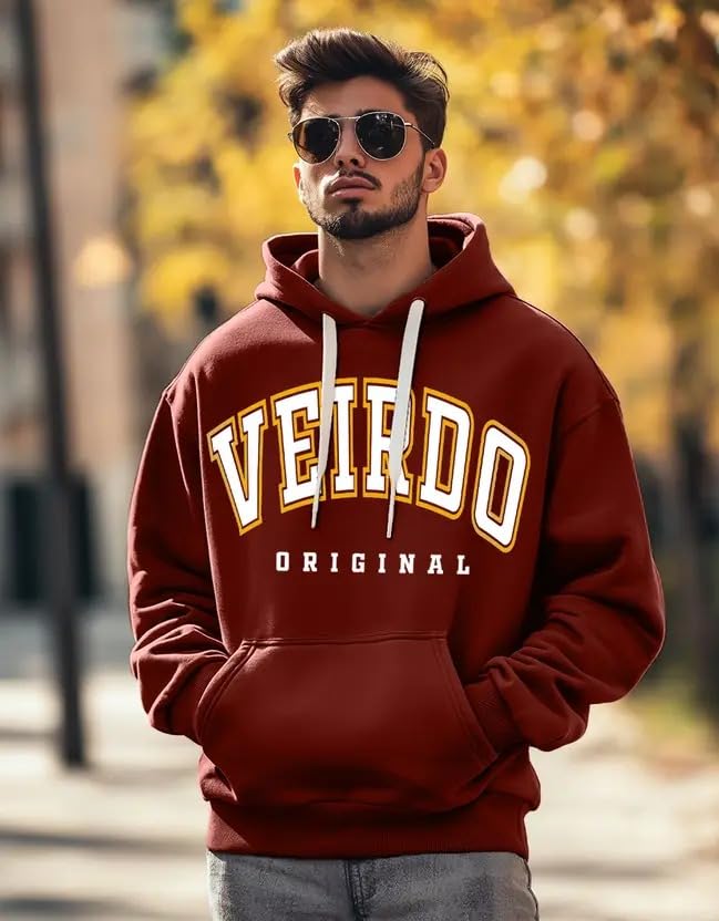Image of Veirdo Fleece Oversized Baggy Fit Hooded Sweatshirt Drop Shoulder Typographic Logo Printed Full Sleeve Hoodie for Men (Avaiable in Colors: Copper Tan, Rust & Red)