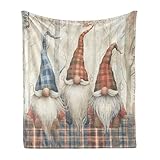 Ambesonne Christmas Throw Blanket, Gnomes with Plaid Hats Print Whimsical Xmas Elves Santa's Helpers, Flannel Fleece Accent Piece Soft Couch Cover for Adults, 50' x 70', Blue Brown Burnt Sienna