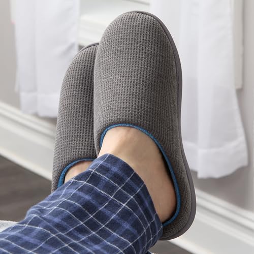 Fruit of the Loom Men's Ribbed Jersey Clog Slippers - Memory Foam Sole - Indoor/Outdoor, Pantuflas Machine Washable, Grey/Blue, Large - image 2