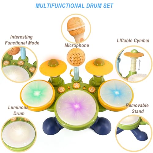Image of Electronic Hand Drum Set for Toddlers with Microphone, Cymbals and Lights | Three light-up hand drums, two cymbals, songs and sound effects for musical play; requires 4 AA batteries, not included.