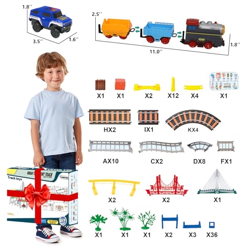 electric train set for kids ages 4-8 with train tracks set amp car tracks lights up bridge road sign realistic sound train track accessories playset boy toys birthday 4 5 6 7 8 year old