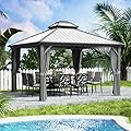 Kozyard Caesar 12'x12' Hardtop Gazebo - Permanent Metal Pavilion with Netting and Shaded Curtains for Patio, Backyard, and Deck - Galvanized Steel Outdoor Aluminum Canopy, Double Roof Gazebo (Grey)