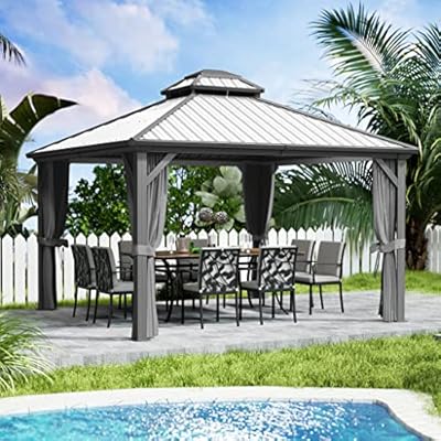 Kozyard Caesar 12'x12' Hardtop Gazebo - Permanent Metal Pavilion with Netting and Shaded Curtains for Patio, Backyard, and Deck - Galvanized Steel Outdoor Aluminum Canopy, Double Roof Gazebo (Grey)
