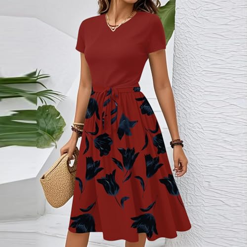 Summer Midi Dresses for Women Short Sleeve Casual Trendy Ruched Swing A Line Dress Elegant Floral Knee Length Dress3
