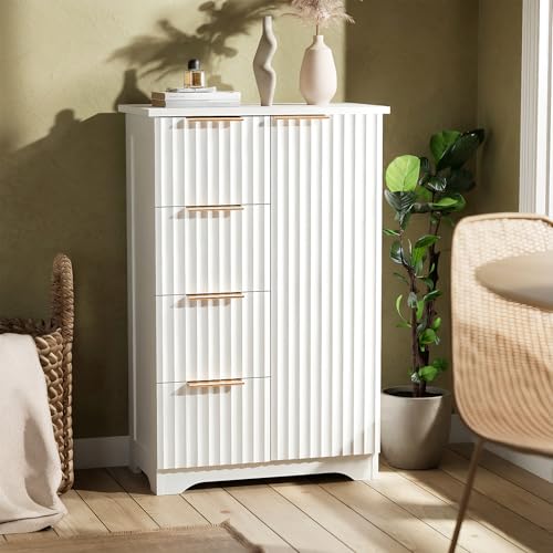VINGLI Fluted Sideboard Buffet Cabinet, Modern White Wood Storage Console