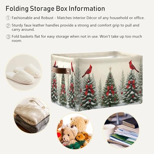 Image of Christmas Tree Cardinals Birds Storage Basket with Waterproof Liner and PU Handles Winter Xmas Tree Bow Storage Bins Boxes 14.2 inch Collapsible Decorative Organizer Baskets for Bedroom Office 2 Pack