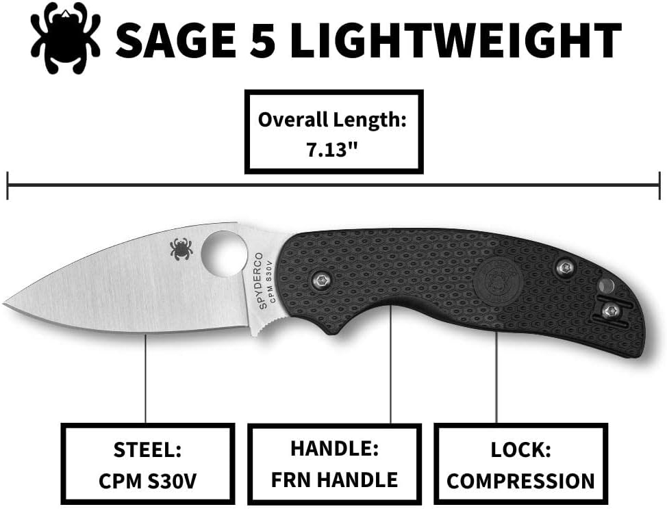 Spyderco Sage 5 Lightweight Folding Pocket Knife with 3" CPM S30V Steel Blade and FRN Handle - EDC Knife for Men and Women, Perfect for Hunting, Tactical, Camping, Survival - PlainEdge - C123PBK