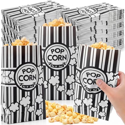 Image of Leinuosen Paper Popcorn Bags Bulk 2 oz Large Flat Bottom Boxes Disposable Container Sleeve Movie Night Popcorn Bucket for Retro Movie Themed Party Carnival Supplies (Black and White,500 Pcs)