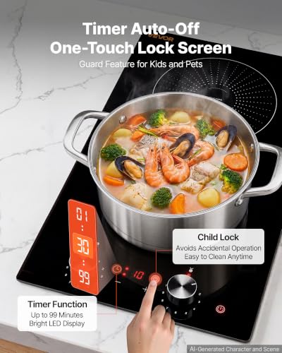 Image of VEVOR Induction Cooktop 12inch 2 Burners Built-in Electric Stove 110V 1800W, Countertop Induction Burner, with 11 Power Levels, Knob Control, Ceramic Glass Surface, Child Lock, for Kitchen, RV