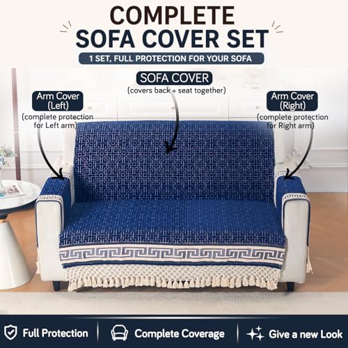 Image of HOKIPO 'Imperial Tassel Series' Premium Chenille Jacquard Sofa Cover Set for 2 Seater for Seat, Back & Arms with Tassels, Royal Blue (IN-1010 + IN-1012-I4*2)