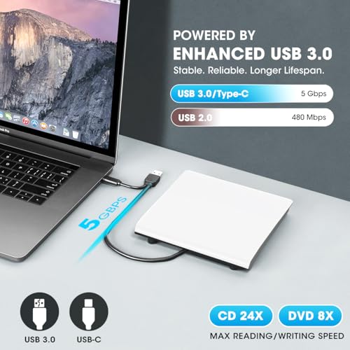Image of ROOFULL External CD DVD Drive for Mac Laptop USB 3.0 & USB-C | With Carrying Case, Portable CD DVD Burner Reader Writer Player ROM+ /-RW Disc Drive for Apple MacBook Windows PC Computer