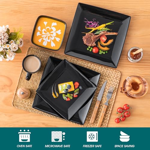 Image of vancasso Soho Dinnerware Sets 24 Pieces, Black Stoneware Square Place Setting, Dinner Plate, Cups and Plates Sets for Kitchen, Dish Set for 6