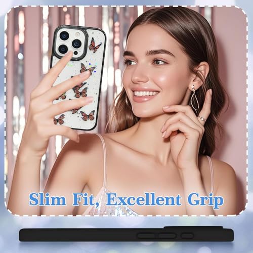 Image of VONZEE for iPhone 15 Pro Max Clear Glitter Butterfly Case, Cute Bling Sparkle Shiny Soft TPU Bumper Shockproof Women Girls Slim Protective Phone Cover for iPhone 15 Pro Max 6.7 inch,Black