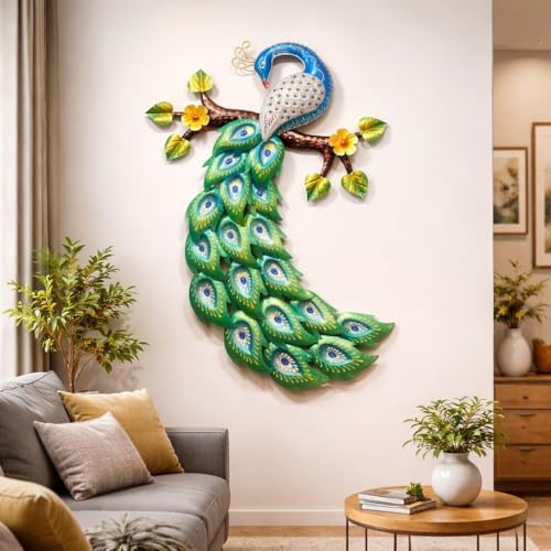 Image of SHREE 'O' GREEN TECH Metal Modern Handcrafted Peacock Leaf Wall Art | Multicolor Big Wall Hanging Decor Frame for Living Room Bedroom Office (Size 30x22 Inch)