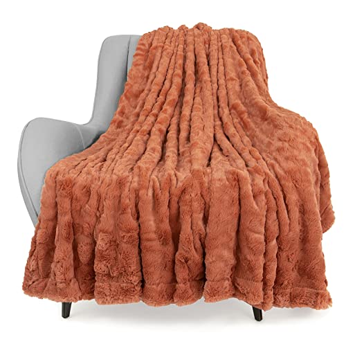 TOONOW Faux Fur Luxury Throw Blanket,Double Side Soft Fluffy Shaggy Fuzzy Blanket for Couch Sofa Bed (Carnelian, Throw)