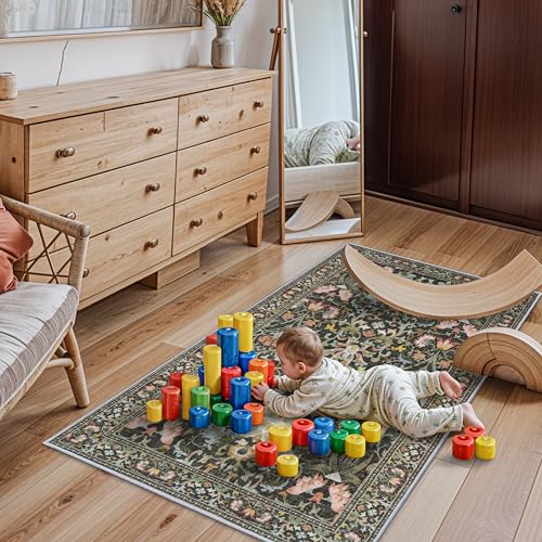 3x5 Living Room Area Rugs: Vintage Washable Non-Slip Rug for Bedroom Dining Room Soft Carpet for Nursery Kitchen Home Office Durable & Easy-Clean Design Perfect for Homes with Cats & Dogs(3x5,Green)