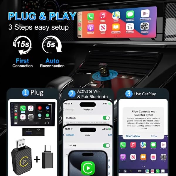ACRSYNC CarPlay bezprzewodowy adapter 2 w 1 - Z systemem Android Auto & CarPlay | Bezprzewodowy dongle z Bluetooth 5.0 i WiFi | Automatyczne łączenie, kompaktowy Plug & Play