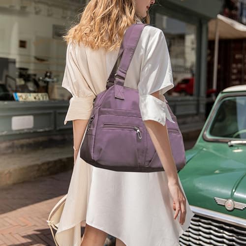 Image of Nylon Tote Bag for Women Shoulder Tote Bag with Zipper Waterproof Nylon Purse and Handbags Lightweight Hobo Bag