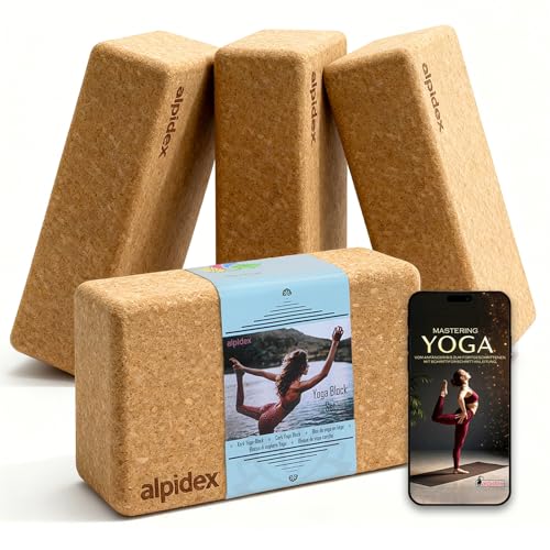 ALPIDEX Yogablock 2er | 4er Set inkl. E-Book mit 100 Übungen ökologisch nachhaltig Naturkork Korkblock Yoga Block Blöcke | 7 Jahre Garantie auf Material* - 4 Stück