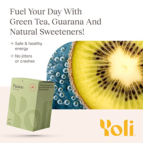 Image of Yoli Passion Energy Powder Mix, Strawberry Kiwi, Sugar-Free, 30 Packets | Sugar-free strawberry kiwi energy drink mix with green tea and guarana for endurance, stamina, and daily performance support.
