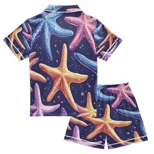 Satin Pajama Sets Short Sleeve Colorful Starfish Pattern Button Down Silky Nightwear 2 Piece PJS 5-14Y2