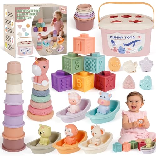 Image of Montessori Baby Toy for 6-18 Months Sensory Toy for Toddler 1-3 Year olds | Shape Sorter Sorting Stacking Ring Stacking Cups Soft Building Blocks for Babies 6-12 Months Sensory Learning Birthday Gift