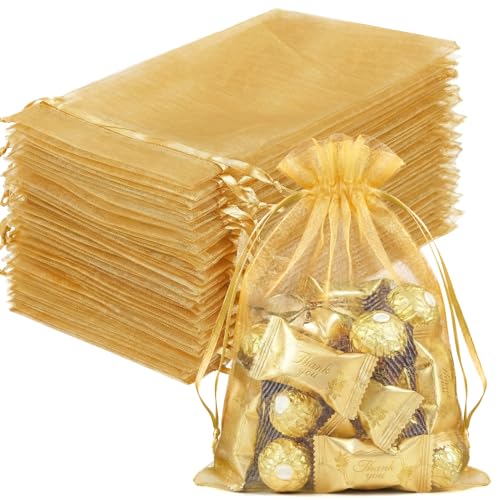 Image of FUNFERY 100PCS Gold Organza Gift Bags 5x7in,Drawstring Pouch for Jewelry