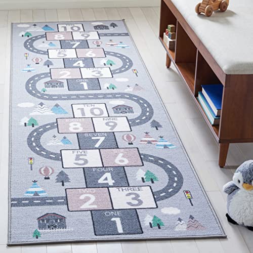 Image of SAFAVIEH Washable Rug Kids Playhouse Collection - 2'2" x 12' Runner, Grey & Pink, Slip Resistant & Easy to Clean, Ideal for Kids Room, Playroom, Nursery, Boys & Girls Room (KPH226A)