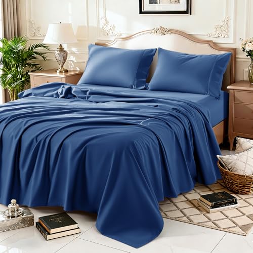 Image of 100% Egyptian Cotton Sheet Set 4 Pcs Queen Size Sheets 1000 Thread Count Breathable Soft Bedding Set Fitted Sheet with 16 inch Deep Pocket (Queen, Navy Blue)
