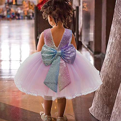 12M-6Y Baby Dress Sequins Bowknot Flower Girls Lace Wedding Pageant Tutu Gown Dresses with Headwear3