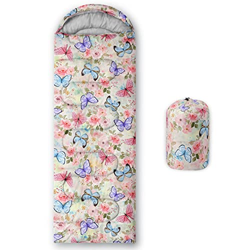 Bolsa de dormir para niños, diseño con flores y mariposas, ligera, cálida, portátil, impermeable y resistente para camping y actividades al aire libre miniatura 1