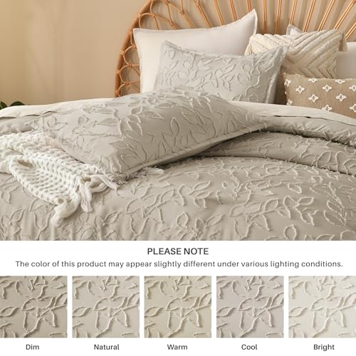 Image of Litanika Super King Size Comforter Set Oatmeal, 3 Piece Boho Tufted Bedding, Fluffy Farmhouse Bed Set for All Season with 2 Leaf Pattern Pillowcases(120x120In)