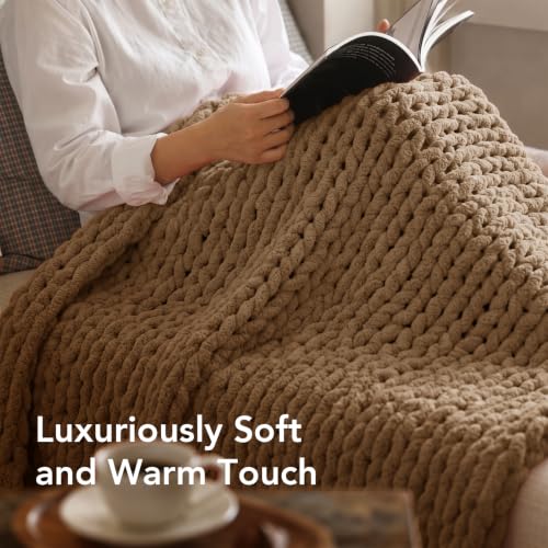 Image of L'AGRATY Chunky Knit Throw Blanket for Couch, 50'' x 70'' Knit Throw, Brown