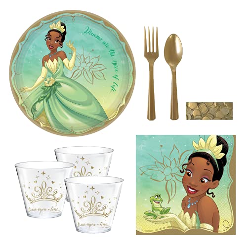 Princess Tiana Party Supplies and Decoration Set for 16 Guests Includes Large Paper Plates Napkins Cups Cutlery and Confetti