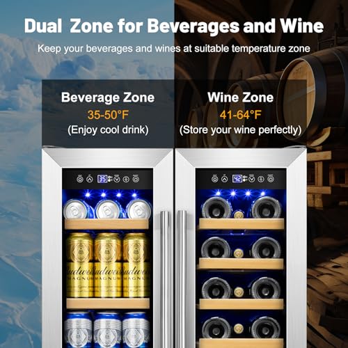 Image of Wine and Beverage Refrigerator, 24 Inch Beverage Cooler Dual Zone with Glass Door, Built-in /Freestanding Beverage Fridge with Upgraded 20 Bottles and 90 Cans Large Capacity