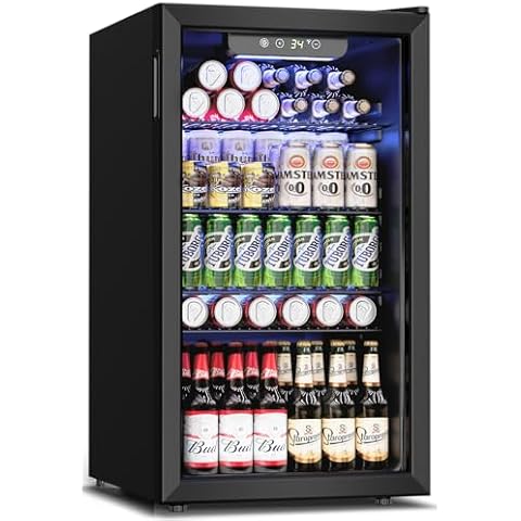 Feelfunn Beverage Refrigerator and Cooler - 126 Can Mini Fridge Glass Door for Soda Beer Wine - Freestanding Beverage Fridge for Bedroom Office Bar, 4 Adjustable Shelves, 3.2 Cu.Ft, Black Cover