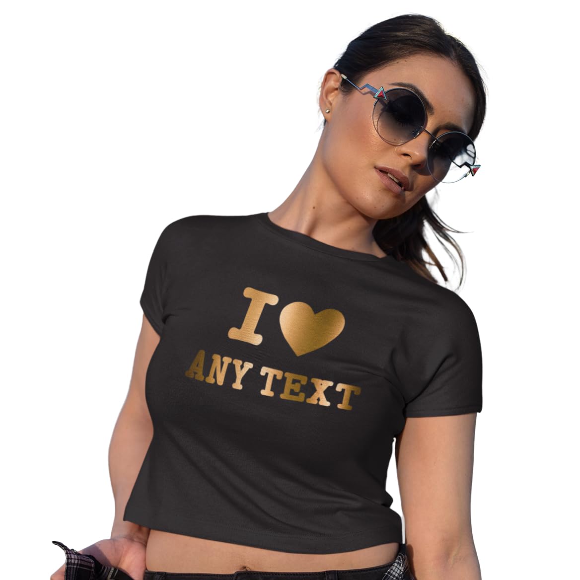 Yourdesign Women's White Personalised I Heart Crop Top - Black Baby Tee - Rose Gold Metallic Writing - Cute Festival Wear Medium