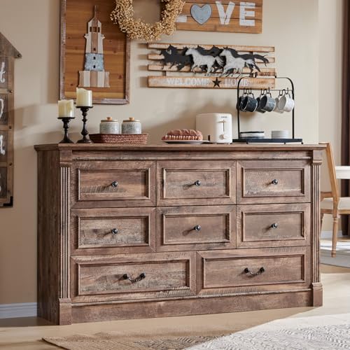 Farmhouse 61 W Buffet Cabinet with Storage Wood Rustic Sideboard Buffet Cabinet w8 Drawers Coffee Bar Cabinet wRoman Column Versatile Storage Cabinet for Living Room Dinning Room Light Brown