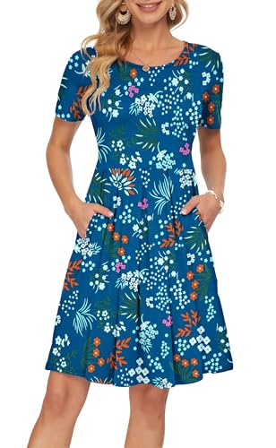 Image of AUSELILY Women's Short Sleeve Pleated Swing Summer Dress with Pockets | Knee-length short sleeve dress, empire waist & pockets, ideal for casual daily wear and vacation