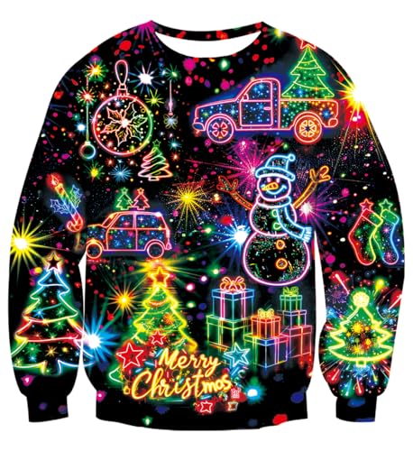 uideazone Ugly Christmas Sweater Mens 3D Neon Firework X-mas Long Sleeve Pullover Top for Christmas...