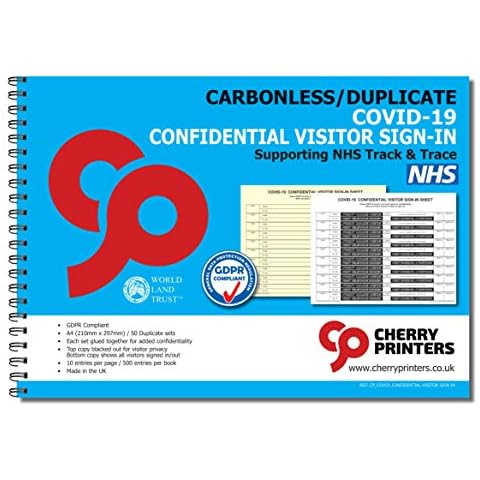 Cherry GDPR Compliant Confidential Visitor Sign in for COVID-19 Track and Trace Duplicate Book A4 50 Sets Cover