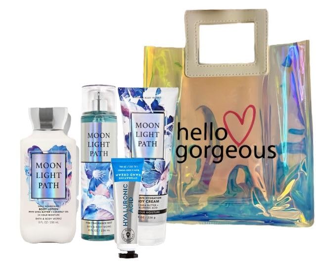 White Barn - Bath & Body Works -Deluxe Gift Set 4 Piece Bundle - Full Size and Gift Bag Hello Gorgeous (Moonlight Path)