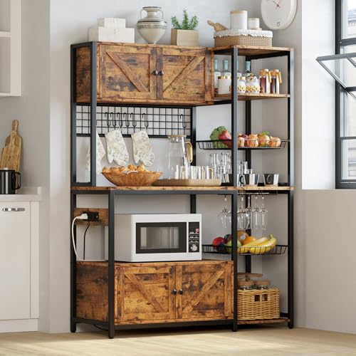 Image of IRONCK Bakers Rack with 2 Storage Cabinets and Power Outlet, 45.3 Inch Industrial Coffee Bar Cabinet Shelves, Kitchen Microwave Stand with Storage, Vintage Brown