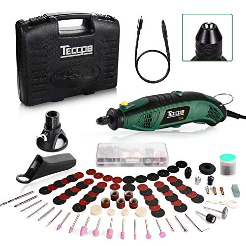 TECCPO Rotary Tool Kit 1.5 amp, 6 Variable Speed with Flexible Shaft, Universal Keyless Chuck, 84 Accessories, Cutting Guide, Auxiliary Handle and Carrying Case, Multi-Functional for Crafting Projects