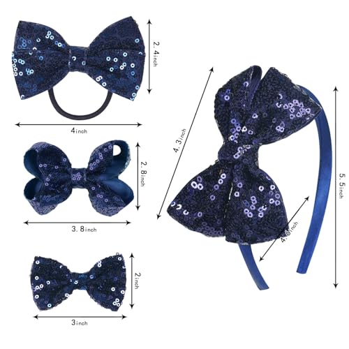 Set de accesorios de cabello con moños de grosgrain y lentejuelas – 6 piezas: moños brillantes, clips, diadema y liga para cabello para niñas pequeñas (Azul Marino) miniatura 3