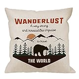 HGOD DESIGNS Wanderlus Pillow Covers,Decorative Throw Pillow Adventure Quotes Travel The World with Mountain Explorer and Forest Bear Pillow cases Cotton Linen Cushion Covers For Home Sofa couch 18x18