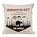 HGOD DESIGNS Wanderlus Pillow Covers,Decorative Throw Pillow Adventure Quotes Travel The World with Mountain Explorer and Forest Bear Pillow cases Cotton Linen Cushion Covers For Home Sofa couch 18x18