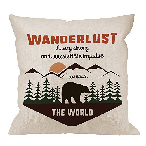 HGOD DESIGNS Wanderlus Pillow Covers,Decorative Throw Pillow Adventure Quotes Travel The World with Mountain Explorer and Bear Pillow Cases Cotton Linen Cushion Covers for Home Sofa Couch 18x18