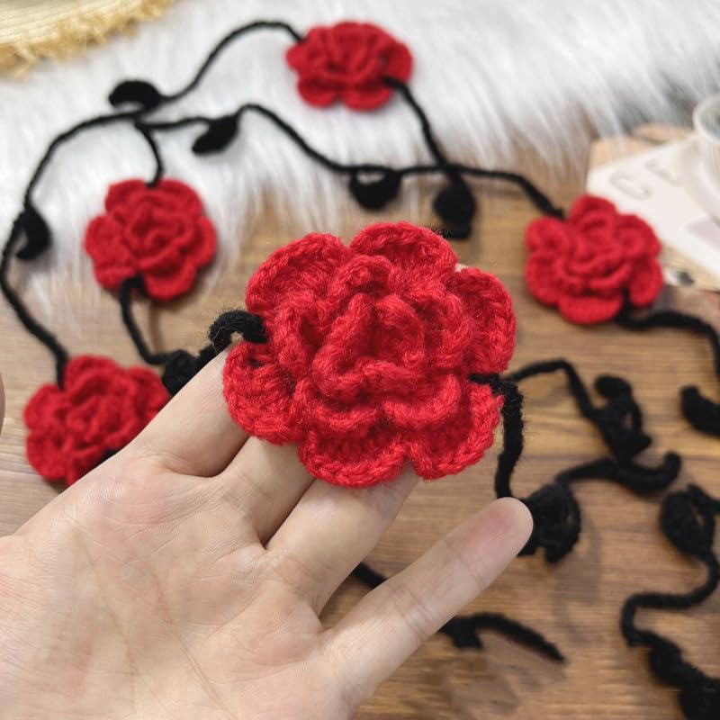 Crochet Rose Flower Neck Scarf Long Skinny Knitted Choker Necklace Neckwear Decoration Vintage Neckerchief Waist Belt2